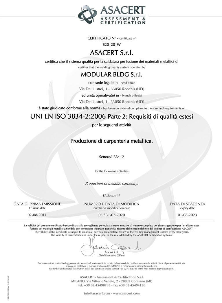 Certificazione UNI EN ISO 3834-2:2006 per le saldature
